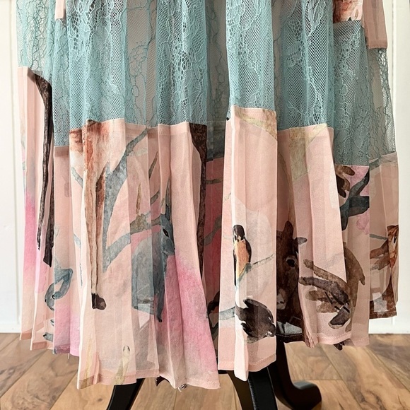 Pastel Chiffon Lace Patchwork Pleated Wrap Dress Size L - Picture 12 of 15